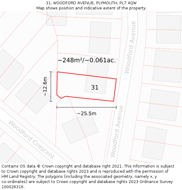 31, WOODFORD AVENUE, PLYMOUTH, PL7 4QW: Plot and title map