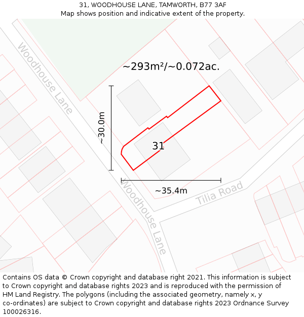 31, WOODHOUSE LANE, TAMWORTH, B77 3AF: Plot and title map