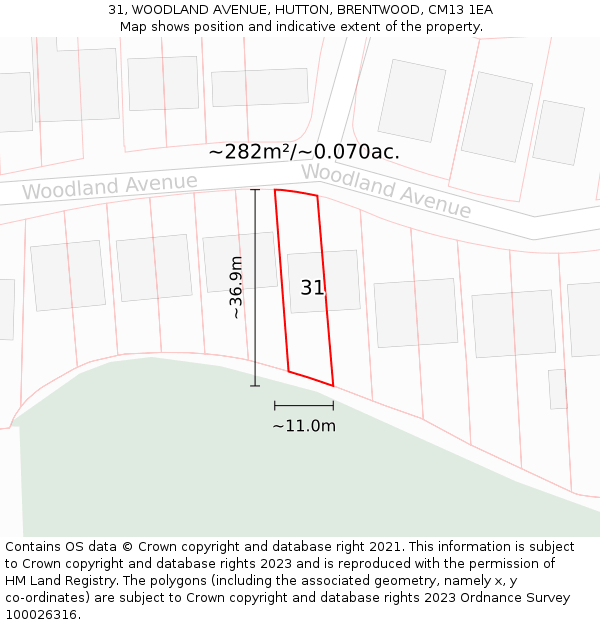 31, WOODLAND AVENUE, HUTTON, BRENTWOOD, CM13 1EA: Plot and title map