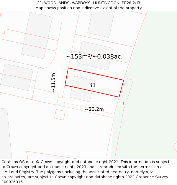 31, WOODLANDS, WARBOYS, HUNTINGDON, PE28 2UR: Plot and title map