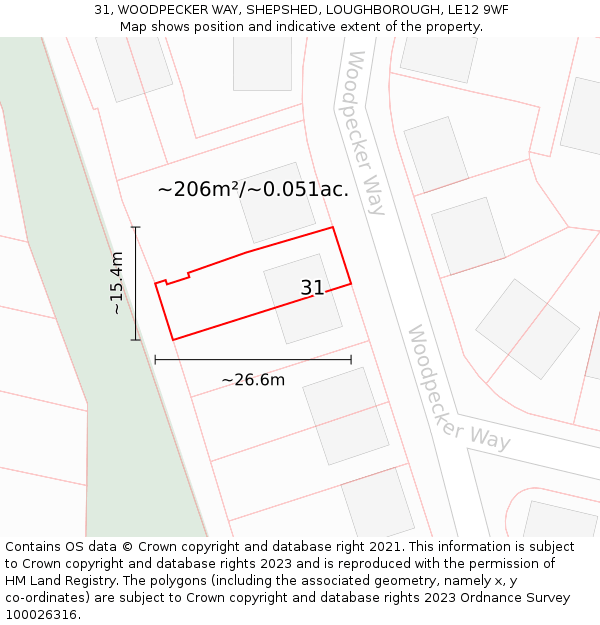 31, WOODPECKER WAY, SHEPSHED, LOUGHBOROUGH, LE12 9WF: Plot and title map