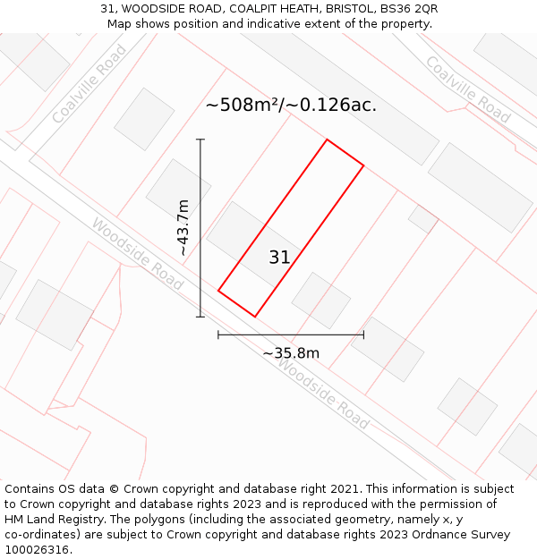 31, WOODSIDE ROAD, COALPIT HEATH, BRISTOL, BS36 2QR: Plot and title map