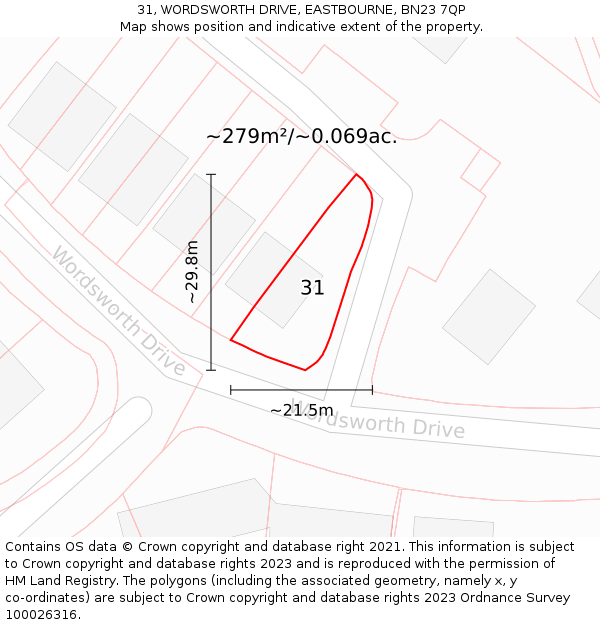 31, WORDSWORTH DRIVE, EASTBOURNE, BN23 7QP: Plot and title map