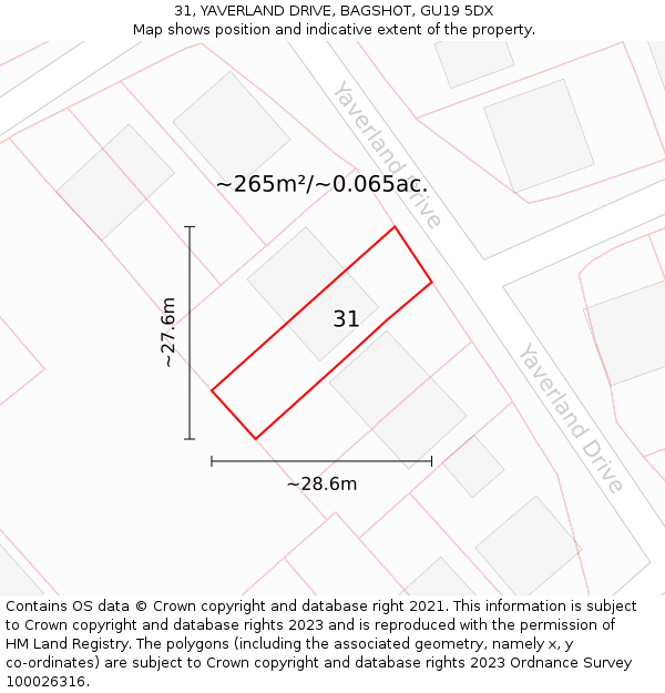 31, YAVERLAND DRIVE, BAGSHOT, GU19 5DX: Plot and title map