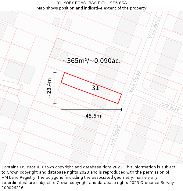 31, YORK ROAD, RAYLEIGH, SS6 8SA: Plot and title map