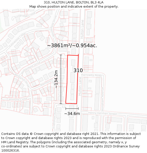 310, HULTON LANE, BOLTON, BL3 4LA: Plot and title map