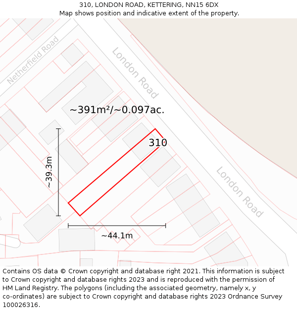 310, LONDON ROAD, KETTERING, NN15 6DX: Plot and title map