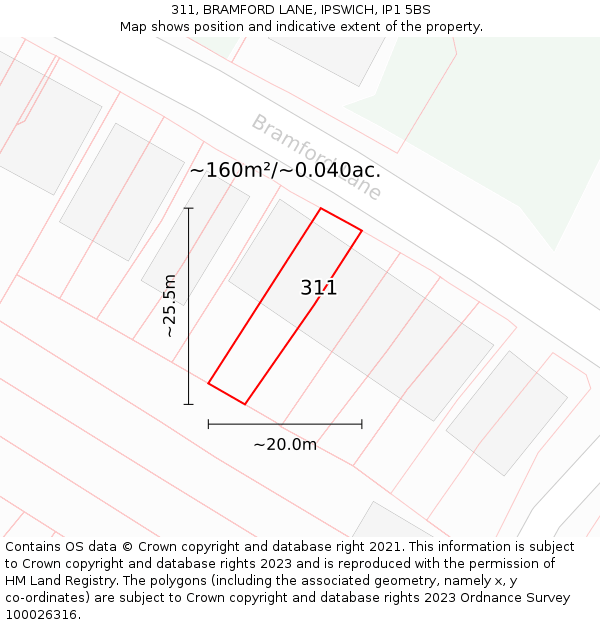 311, BRAMFORD LANE, IPSWICH, IP1 5BS: Plot and title map