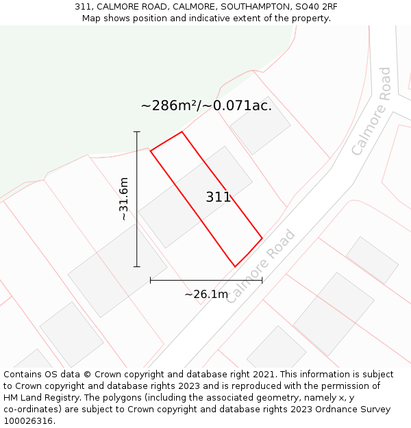 311, CALMORE ROAD, CALMORE, SOUTHAMPTON, SO40 2RF: Plot and title map