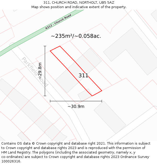 311, CHURCH ROAD, NORTHOLT, UB5 5AZ: Plot and title map