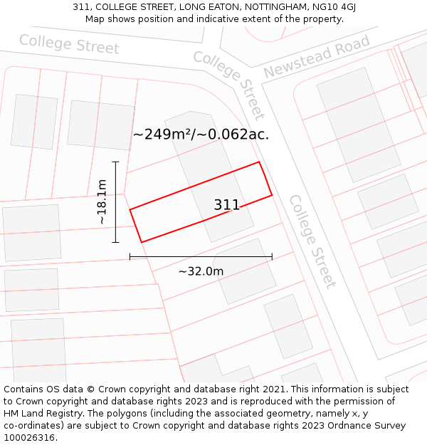 311, COLLEGE STREET, LONG EATON, NOTTINGHAM, NG10 4GJ: Plot and title map