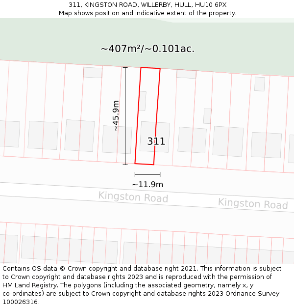 311, KINGSTON ROAD, WILLERBY, HULL, HU10 6PX: Plot and title map