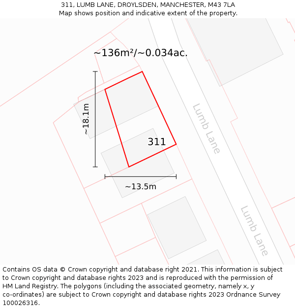 311, LUMB LANE, DROYLSDEN, MANCHESTER, M43 7LA: Plot and title map