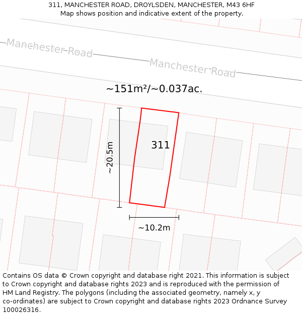 311, MANCHESTER ROAD, DROYLSDEN, MANCHESTER, M43 6HF: Plot and title map