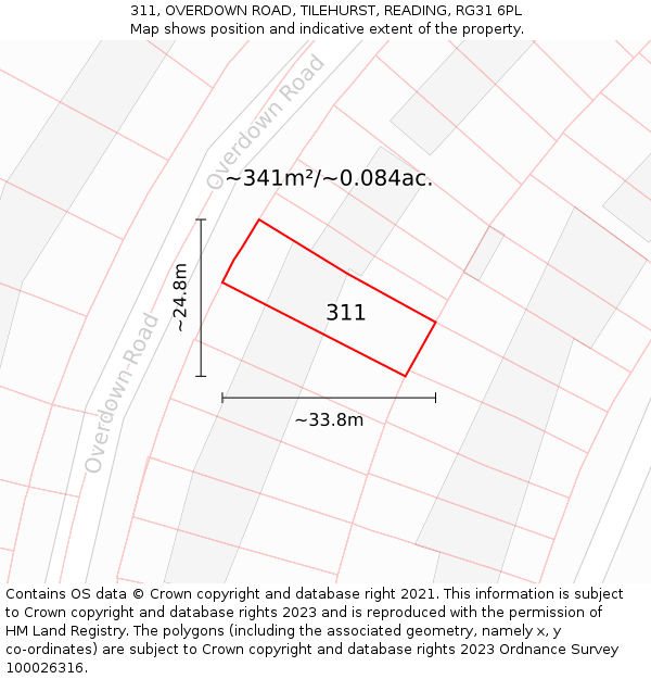 311, OVERDOWN ROAD, TILEHURST, READING, RG31 6PL: Plot and title map