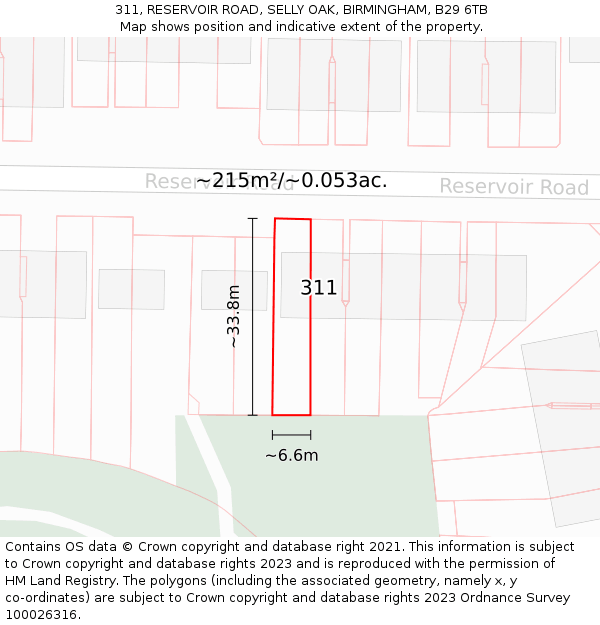 311, RESERVOIR ROAD, SELLY OAK, BIRMINGHAM, B29 6TB: Plot and title map