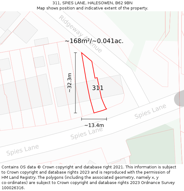 311, SPIES LANE, HALESOWEN, B62 9BN: Plot and title map