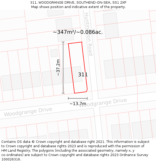 311, WOODGRANGE DRIVE, SOUTHEND-ON-SEA, SS1 2XP: Plot and title map