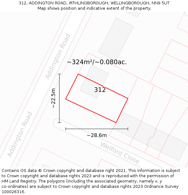 312, ADDINGTON ROAD, IRTHLINGBOROUGH, WELLINGBOROUGH, NN9 5UT: Plot and title map