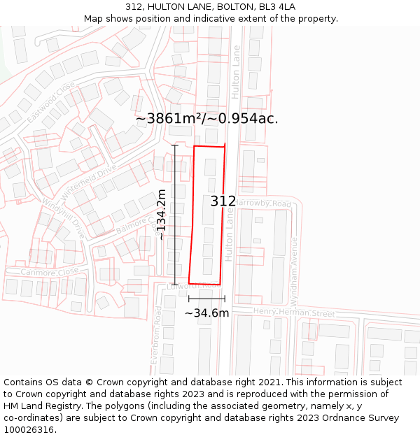 312, HULTON LANE, BOLTON, BL3 4LA: Plot and title map