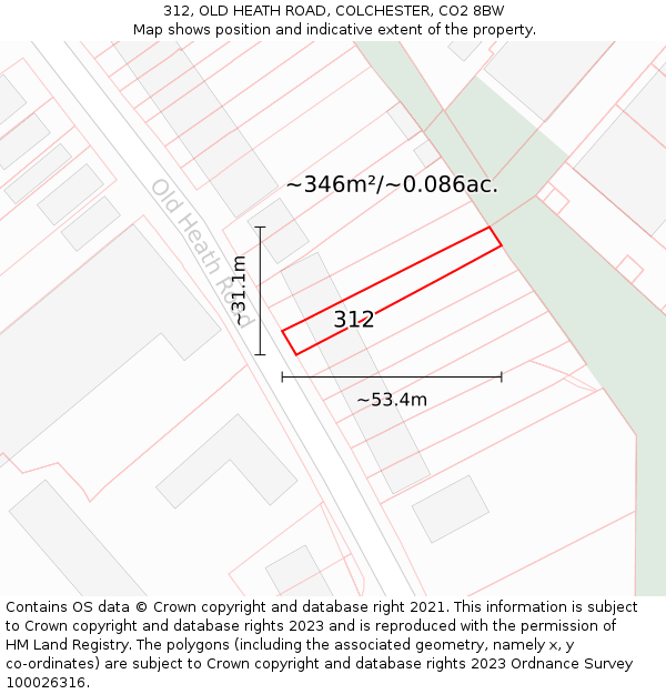 312, OLD HEATH ROAD, COLCHESTER, CO2 8BW: Plot and title map