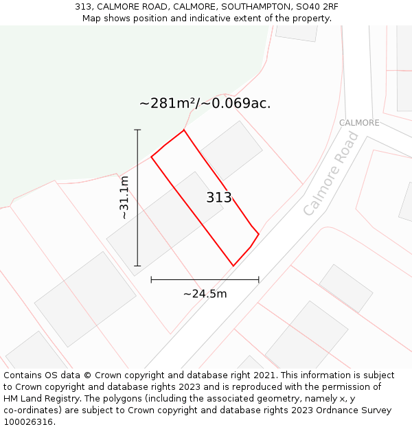 313, CALMORE ROAD, CALMORE, SOUTHAMPTON, SO40 2RF: Plot and title map