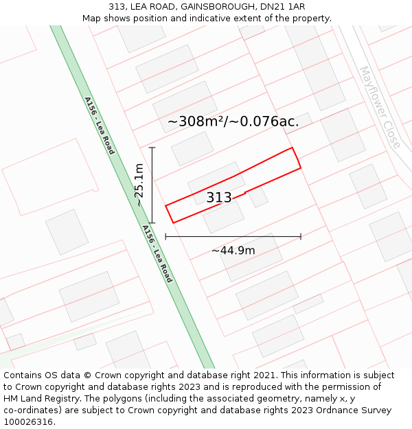 313, LEA ROAD, GAINSBOROUGH, DN21 1AR: Plot and title map