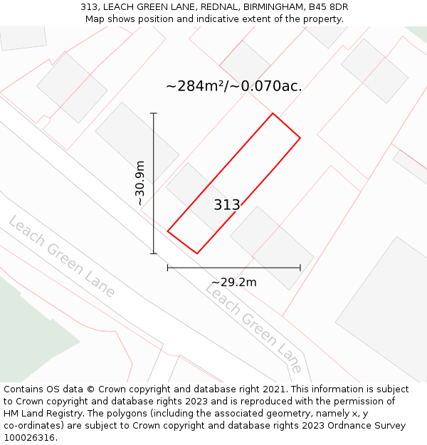 313, LEACH GREEN LANE, REDNAL, BIRMINGHAM, B45 8DR: Plot and title map