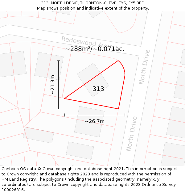 313, NORTH DRIVE, THORNTON-CLEVELEYS, FY5 3RD: Plot and title map