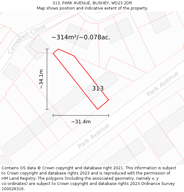 313, PARK AVENUE, BUSHEY, WD23 2DR: Plot and title map