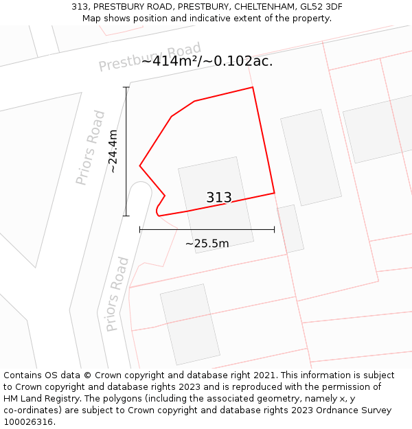 313, PRESTBURY ROAD, PRESTBURY, CHELTENHAM, GL52 3DF: Plot and title map