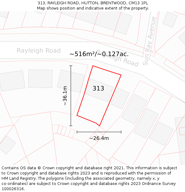 313, RAYLEIGH ROAD, HUTTON, BRENTWOOD, CM13 1PL: Plot and title map