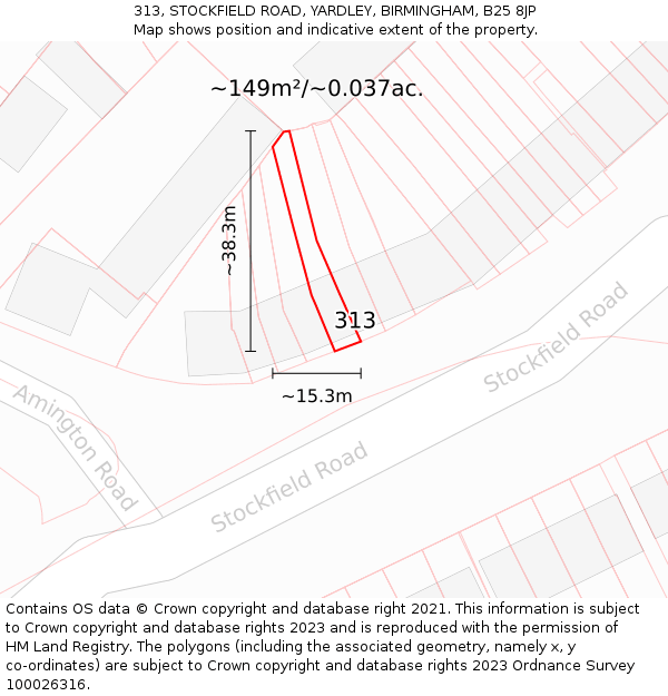 313, STOCKFIELD ROAD, YARDLEY, BIRMINGHAM, B25 8JP: Plot and title map