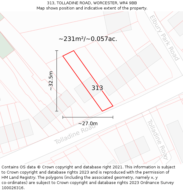 313, TOLLADINE ROAD, WORCESTER, WR4 9BB: Plot and title map