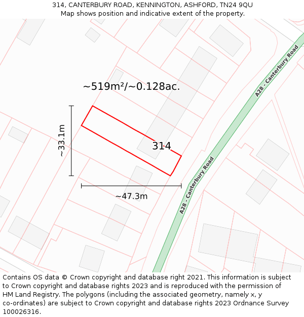 314, CANTERBURY ROAD, KENNINGTON, ASHFORD, TN24 9QU: Plot and title map