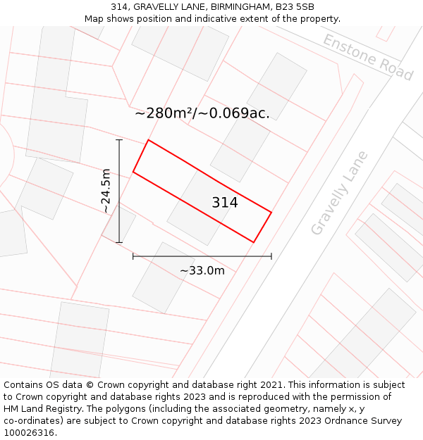 314, GRAVELLY LANE, BIRMINGHAM, B23 5SB: Plot and title map