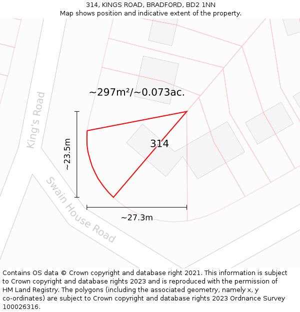 314, KINGS ROAD, BRADFORD, BD2 1NN: Plot and title map