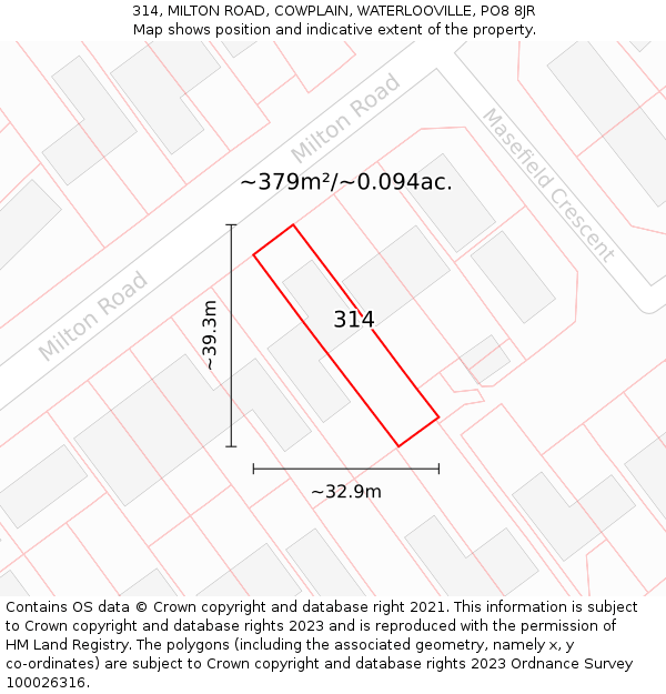 314, MILTON ROAD, COWPLAIN, WATERLOOVILLE, PO8 8JR: Plot and title map