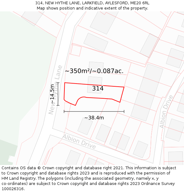 314, NEW HYTHE LANE, LARKFIELD, AYLESFORD, ME20 6RL: Plot and title map