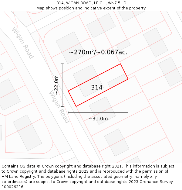 314, WIGAN ROAD, LEIGH, WN7 5HD: Plot and title map