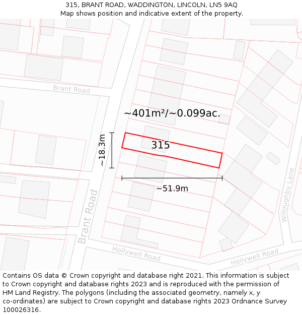 315, BRANT ROAD, WADDINGTON, LINCOLN, LN5 9AQ: Plot and title map