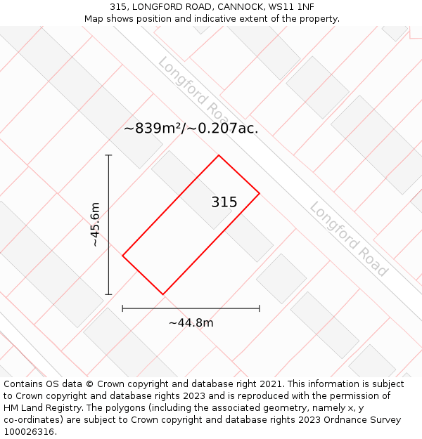 315, LONGFORD ROAD, CANNOCK, WS11 1NF: Plot and title map