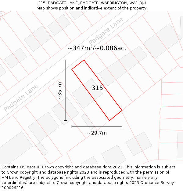 315, PADGATE LANE, PADGATE, WARRINGTON, WA1 3JU: Plot and title map