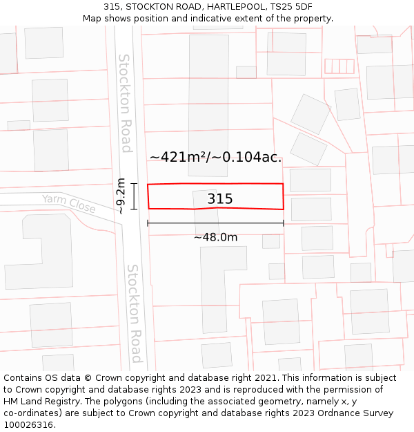 315, STOCKTON ROAD, HARTLEPOOL, TS25 5DF: Plot and title map