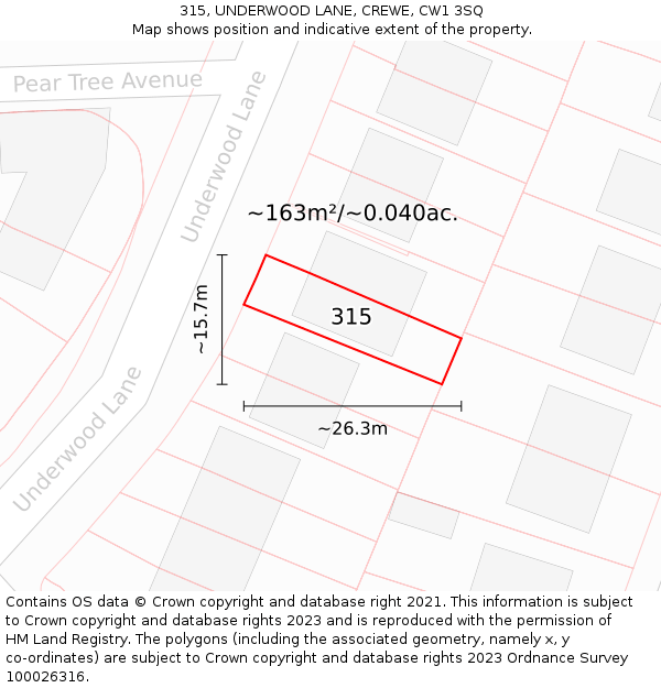 315, UNDERWOOD LANE, CREWE, CW1 3SQ: Plot and title map