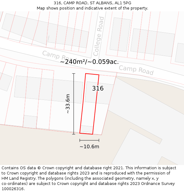 316, CAMP ROAD, ST ALBANS, AL1 5PG: Plot and title map