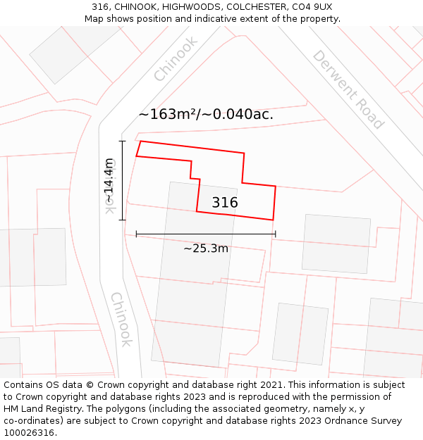 316, CHINOOK, HIGHWOODS, COLCHESTER, CO4 9UX: Plot and title map