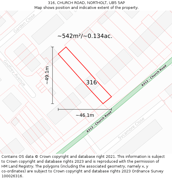 316, CHURCH ROAD, NORTHOLT, UB5 5AP: Plot and title map