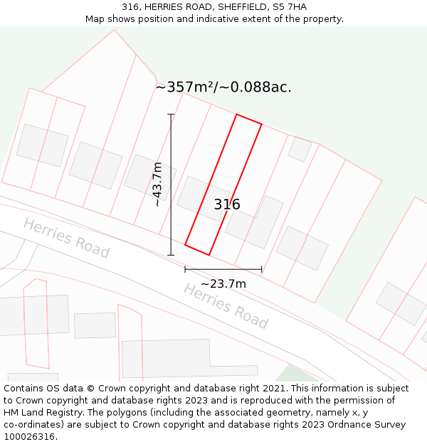 316, HERRIES ROAD, SHEFFIELD, S5 7HA: Plot and title map