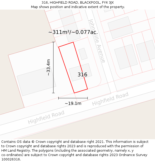 316, HIGHFIELD ROAD, BLACKPOOL, FY4 3JX: Plot and title map